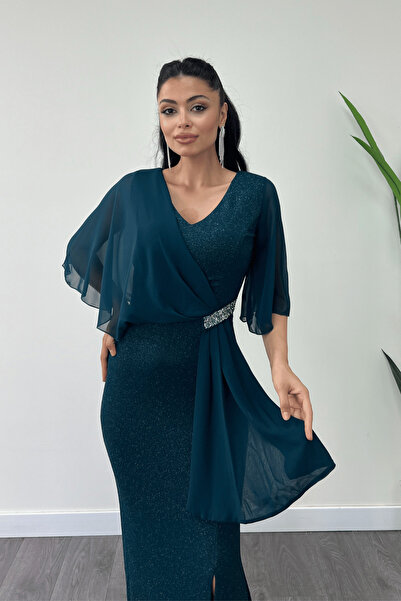 giyimmasalı Λεπτομερές βραδινό φόρεμα από υφασμάτινο σιφόν σιφόν - σμαραγδί