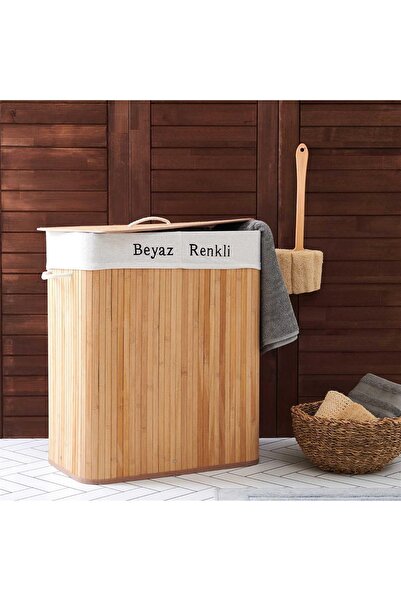 TREND 80 Litre Dikdörtgen Çift Hazneli Doğal Bambu Kapaklı Kirli Çamaşır Sepeti