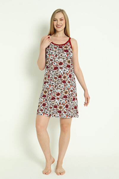 İntensive 100% Cotton Floral Patterned Piping Strap Women's Dress