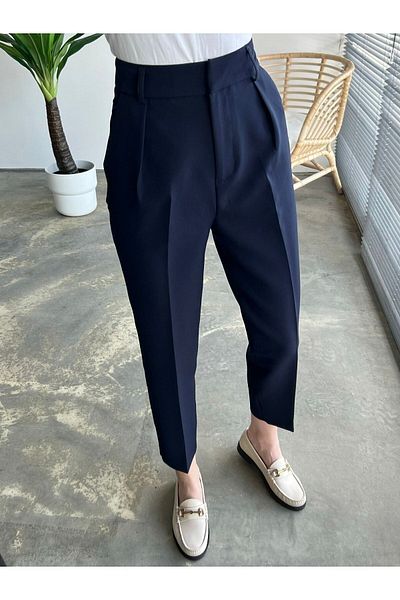 Tebessüm Life Navy Blue High Waist Pencil Fabric Trousers