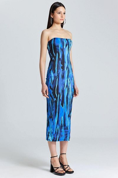 boutiquen 2578 Trägerloses gemustertes blaues langes Kleid