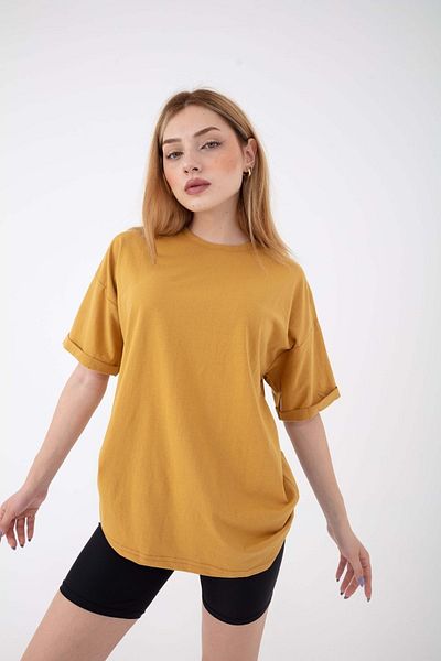 Mad&Calf Γυναικείο μπλουζάκι Basic Unprinted Plain Oversize Loose Loose Cut με διπλό μανίκι