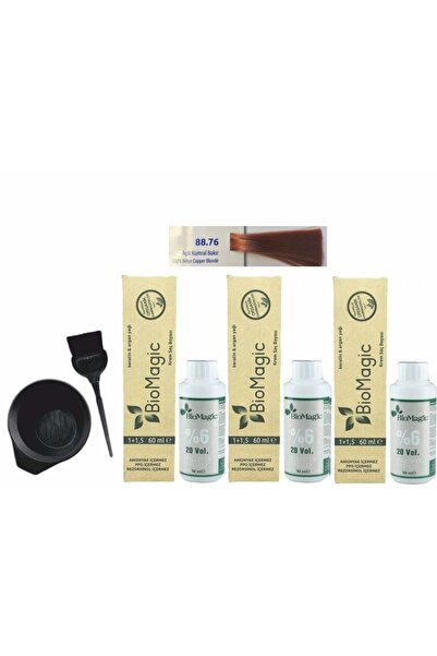 BIOMAGIC Organik Saç Boyası 88.76 Açık Kumral Bakır 60ml X3 Adet+oksidan 90ml+boyama Seti