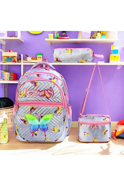 Shopiolog Orthopedic 3-Piece Set for Girl Primary School - 3 Compartments with Pen Holder, Lunchbox and Water Bottle