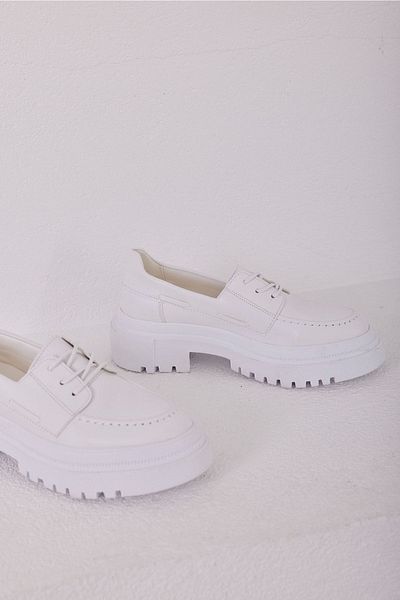 Madamra White Women's Lacing Detailed Serrated Thick Soled Loafer Shoes