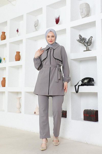 BurcuFashion Gray Scuba Set - Hijab Bolero Detailed, ROJ1305-1