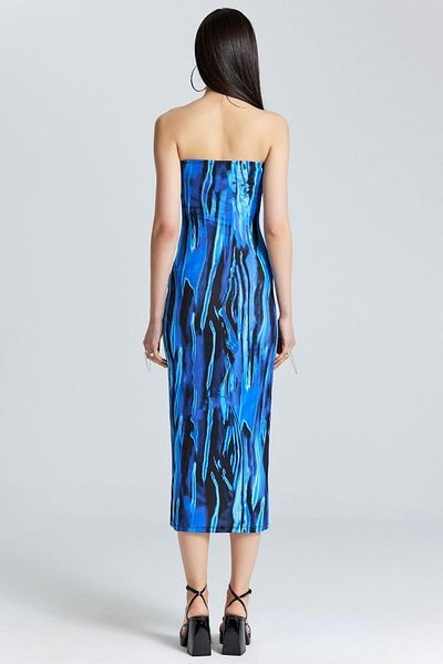 boutiquen 2578 Trägerloses gemustertes blaues langes Kleid