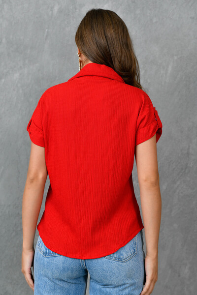 WOMAN VISION Red Short Sleeve Seersucker Pocket Detailed Shirt 9628
