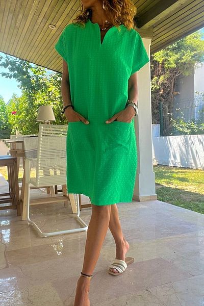 Güneşkızı Emerald Green Soft Textured Loose Women's Dress - Slit Pocket Bst3655