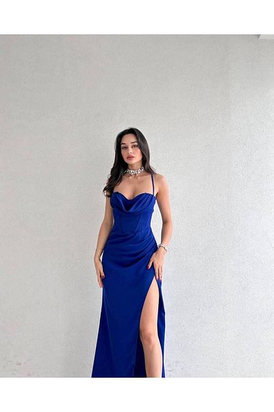 FASHION COCKTAIL Long Evening Dress with Back Corset Deep Left Slit Degage Satin Straps