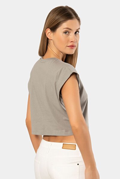 TÜREN Women's Gray Vatka Look Crop T-Shirt 3402