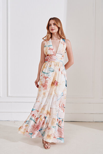 Rabia Çelik Kadın Sarı V Yaka Sırt Dekolteli Maxi Yazlık Elbise