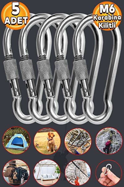 Badem10 Karabina Kilitli 6 Mm Yaylı Kanca Çelik Kilit Tırmanma Olta Kamp Ekipmanları Hamak Askı 5 Adet