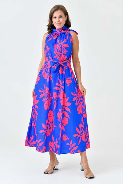 bayansepeti Model floral - Rochie midi evazată cu detaliu de cravată 3690