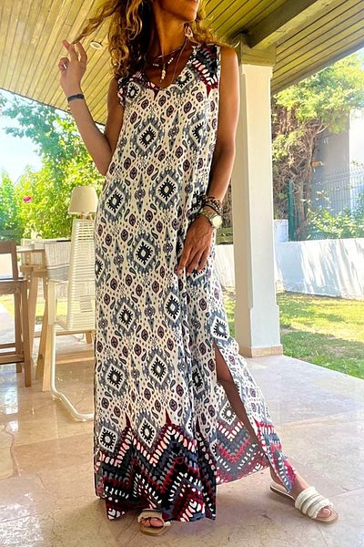 Güneşkızı GraY V-neck WaterwaY long Slit loose Dress - BST3650