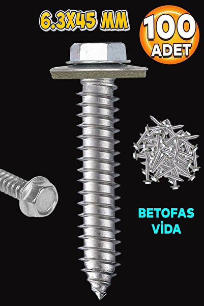 Badem10 Betofast Vidası 6.3x45 mm Paket 100 ADET Sivri Uçlu Çatı Panel Beton ...