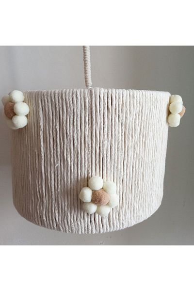 C&A&B KUZEY AVİZE Cylinder Macrame Ecru Rope Wrapped Pompom Flower Young Room Baby Kids Room Design Pendant Lamp Chandelier