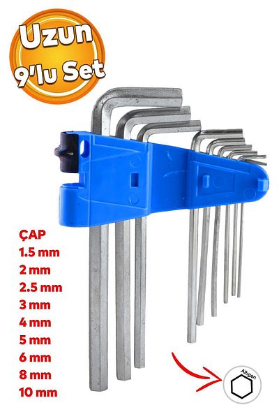 Badem10 Allen Allen Chrome Key - 9-Piece Long Set, 1.5 2 2.5 3 4 5 6 8 10 mm, Hexagonal Screw Clamping Removal Metal