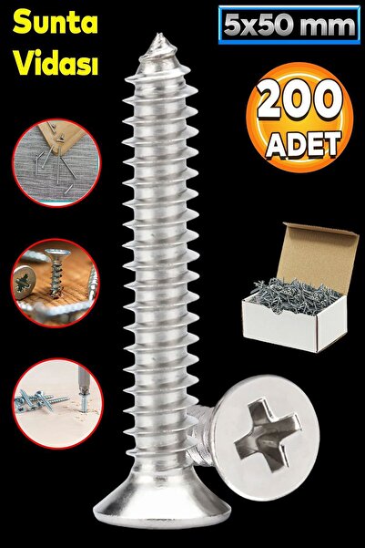 Badem10 Sunta Vidası 5x50 Mm Paket 200 Adet Sivri Uçlu Ahşap Tahta Ağaç Mobilya Ayak Kulp Vidası