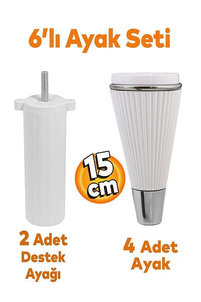Badem10 Set de 6 fier - Unitate TV, canapea extensibila, canapea, picior suport 15 cm picior alb, șuruburi M8