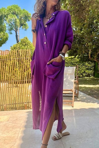 Güneşkızı Purple Muslin Pocket Slit Loose Dress - Loose Cut BST700-3620