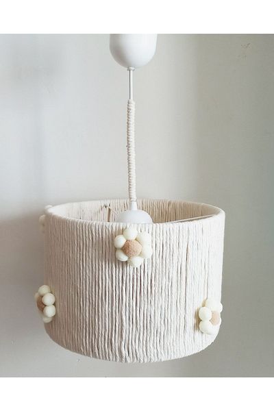 C&A&B KUZEY AVİZE Cylinder Macrame Ecru Rope Wrapped Pompom Flower Young Room Baby Kids Room Design Pendant Lamp Chandelier