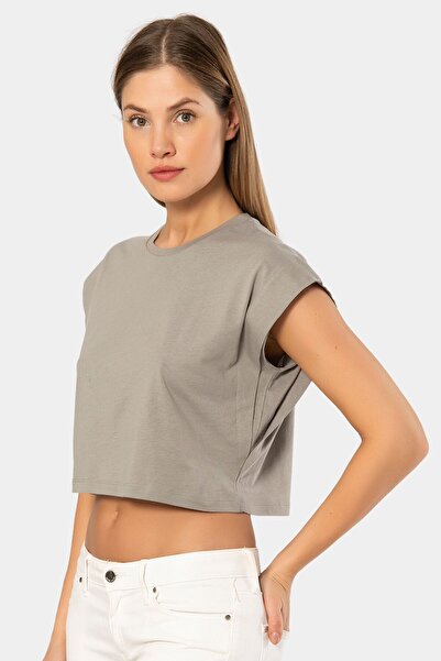 TÜREN Women's Gray Vatka Look Crop T-Shirt 3402