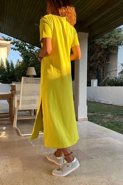 Güneşkızı Women's Peanut Green Long Dress with Buttoned Shoulder and Slit - BST700-3618