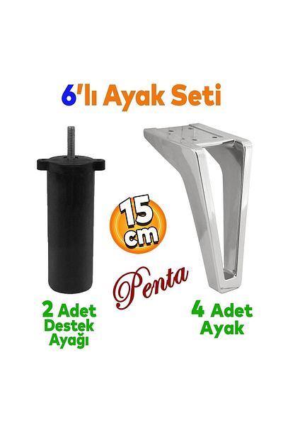 Badem10 Penta Set of 6 - Furniture Tv Unit, Sofa Bed and Couch Support, 15 cm Chrome Legs, M8 Bolts