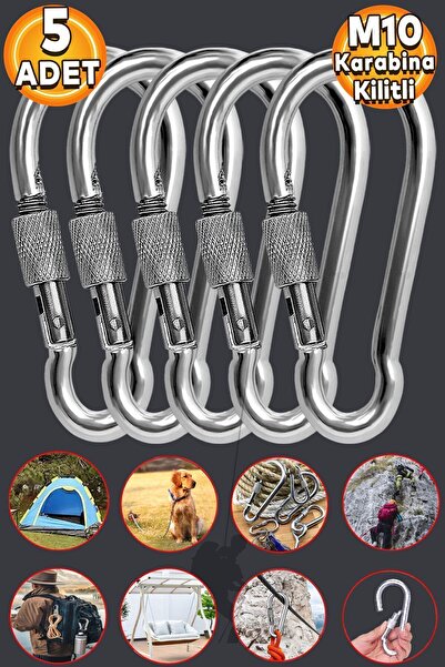 Badem10 Karabina Kilitli 10 Mm Yaylı Kanca Çelik Kilit Tırmanma Olta Kamp Ekipmanları Hamak Askı 5 Adet