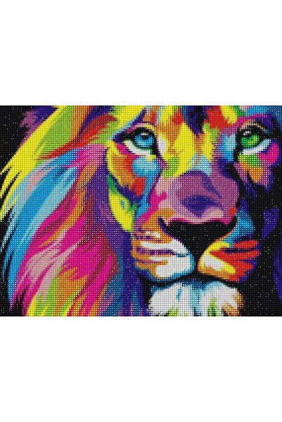 MAXİ Renkli Aslan - Diamond Painting, Elmaslı Goblen, Mozaik Tablo, Elmas, Boncuk, Taş Işleme 40 X 30cm