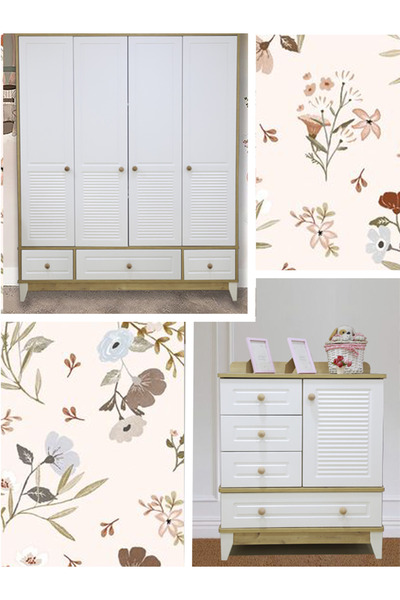 Koza Panjur ( Suntalam Mdf ) Ahşap Beyaz 4 Kapılı Dolap & Panjur Ahşap Beyaz Şifonyer