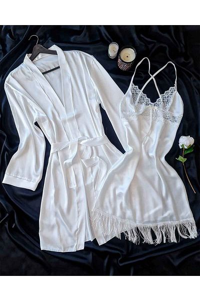 Çeyize dair herşey 6 Piece Ecru Silk Satin Bridal Set - 6665
