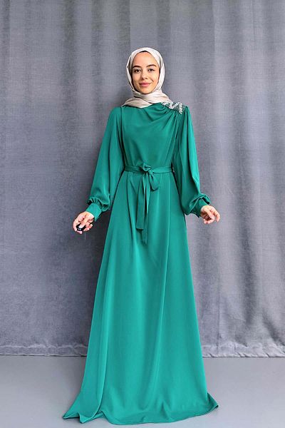 Ka Hijab Πράσινο βραδινό φόρεμα Hijab - Stones Shoulder