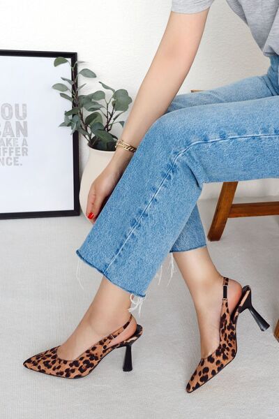 POLKA STORE Spark Leopard Pointed Toe Back Open Stiletto Evening Dress Heeled Women's Shoes