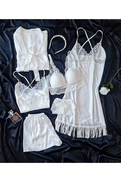 Çeyize dair herşey 6 Piece Ecru Silk Satin Bridal Set - 6665