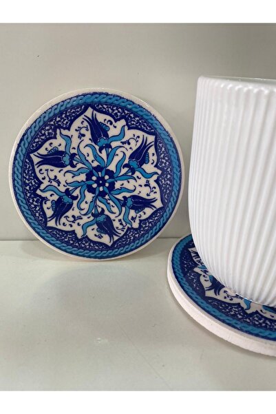 Eren Çini Seramiği 3 Pieces 9 cm Tile Patterned Ceramic Coasters