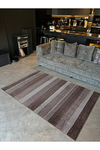 Rugs Modern Halı Covor decorativ modern cu model în dungi tematice maro-gri 5335