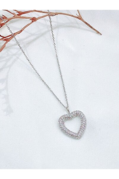 HYPNOSE SİLVER Zircon Stone Women's Heart Necklace - Steel Design