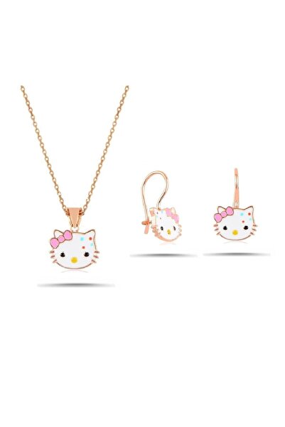 Trend Silver 925 Ayar Gümüş Kız Çocuk Rose Mineli Çengelli Kedi Modeli Küpe ve Kolye