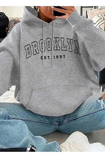 CAST COLLECTİON Brooklyn Printed Gray Oversize Women's SweatShirt
