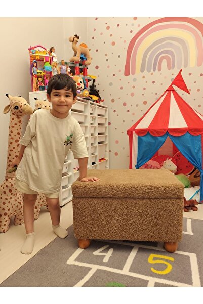 pufftable Ceviz Ahşap Ayaklı Sandıklı Bebek Çocuk Odası Pufu Oyuncak Sepeti