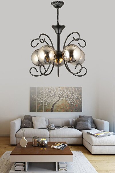 KARDELEN AYDINLATMA AVİZE Kelebek Siyah 5'li Füme Glop Camlı Modern Lüks Avize