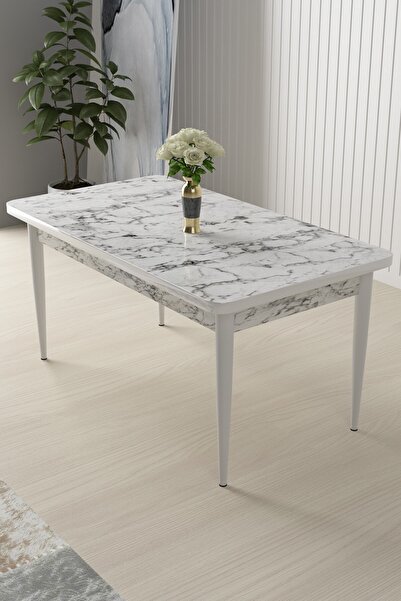 Canisa Nil Serisi Beyaz Mermer Desen 70x110 Sabit Yemek Masası Metal Ayak