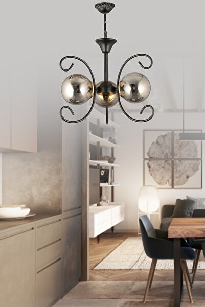 KARDELEN AYDINLATMA AVİZE Kelebek Siyah 3'lü Füme Glop Camlı Modern Lüks Avize