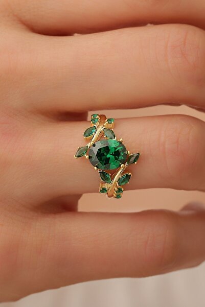 passion silver Zümrüt Taşlı Sarmaşık 14 Ayar Altın Kaplama Kadın Yüzük