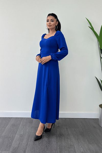 giyimmasalı Saks Blue Midi Dress - Crepe Fabric, Heart Collar