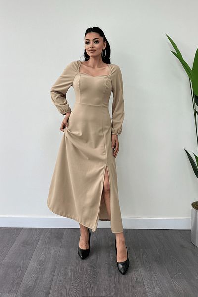 giyimmasalı Heart Collar Midi Crepe Dress - CREAM