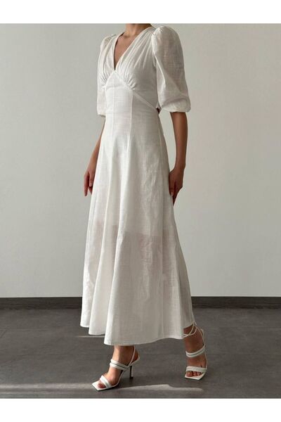 MEECY Γυναικείο λινό φόρεμα με λαιμόκοψη V χαμηλού κομμένου μεσαίου μήκους