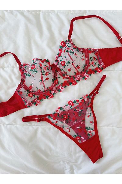 Feruzdesign Red Tuberose Underwire Suit Set